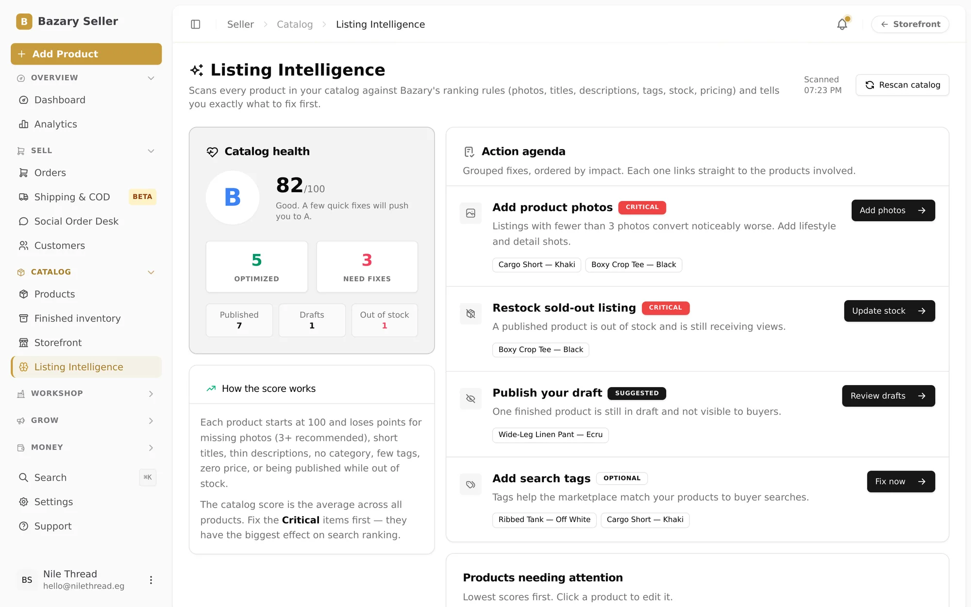 Bazary Listing Intelligence showing a catalog health score of 82 and a prioritised action agenda