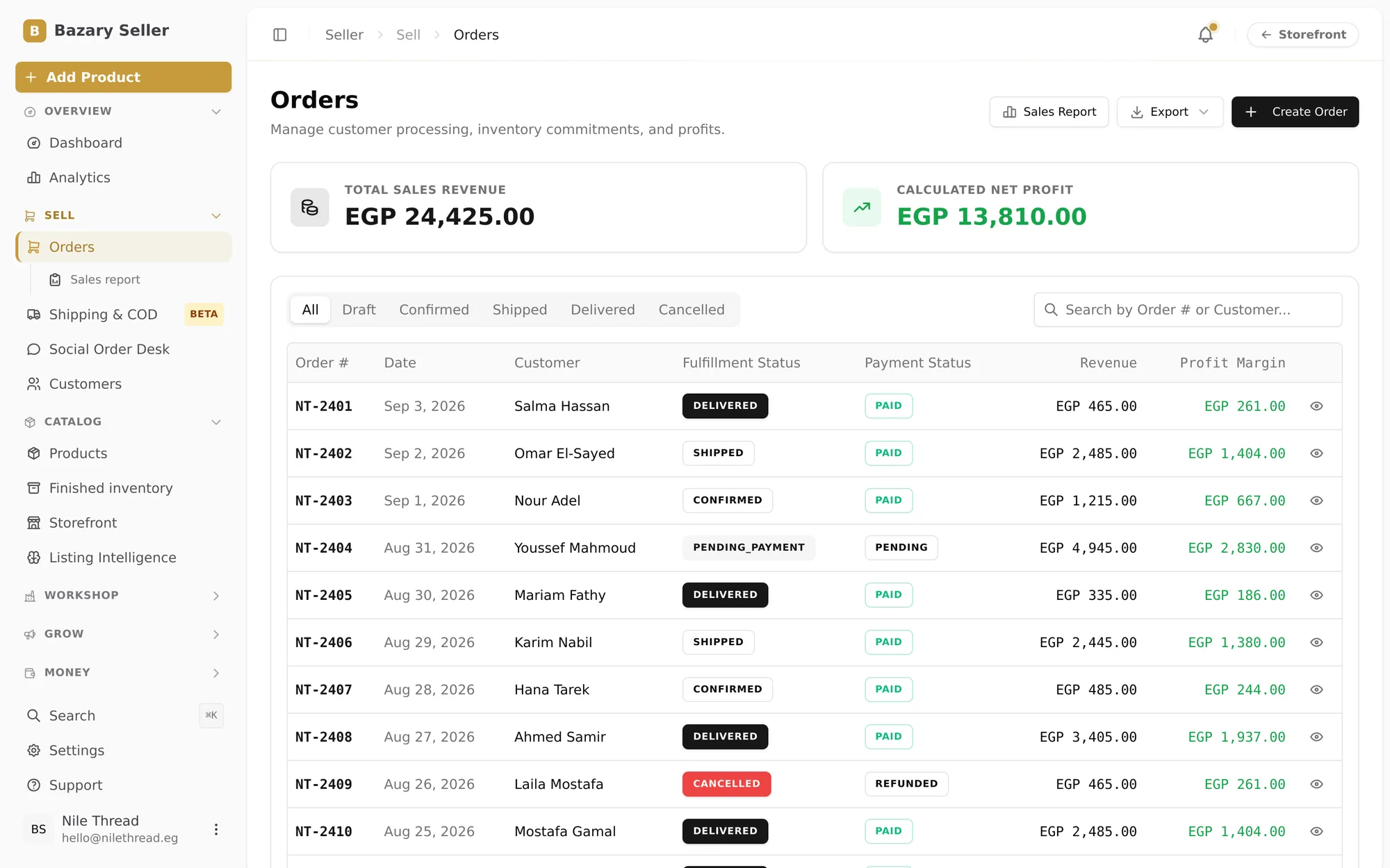 Bazary Orders Management with fulfilment status, payment status, revenue and profit margin per order